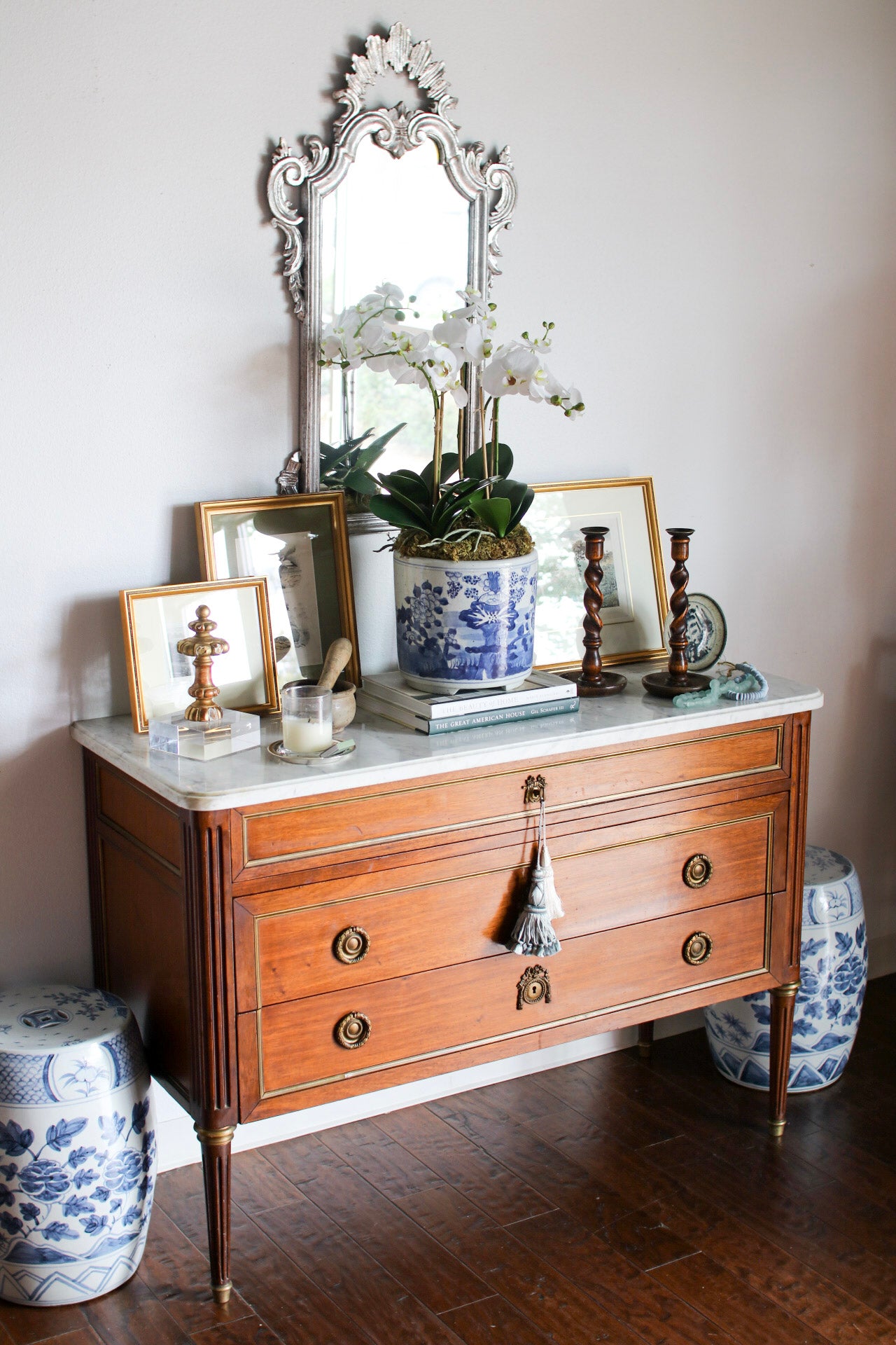 French Louis XVI White Marble Top Commode