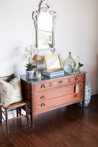 French Louis XVI Style Grey Marble Top Commode