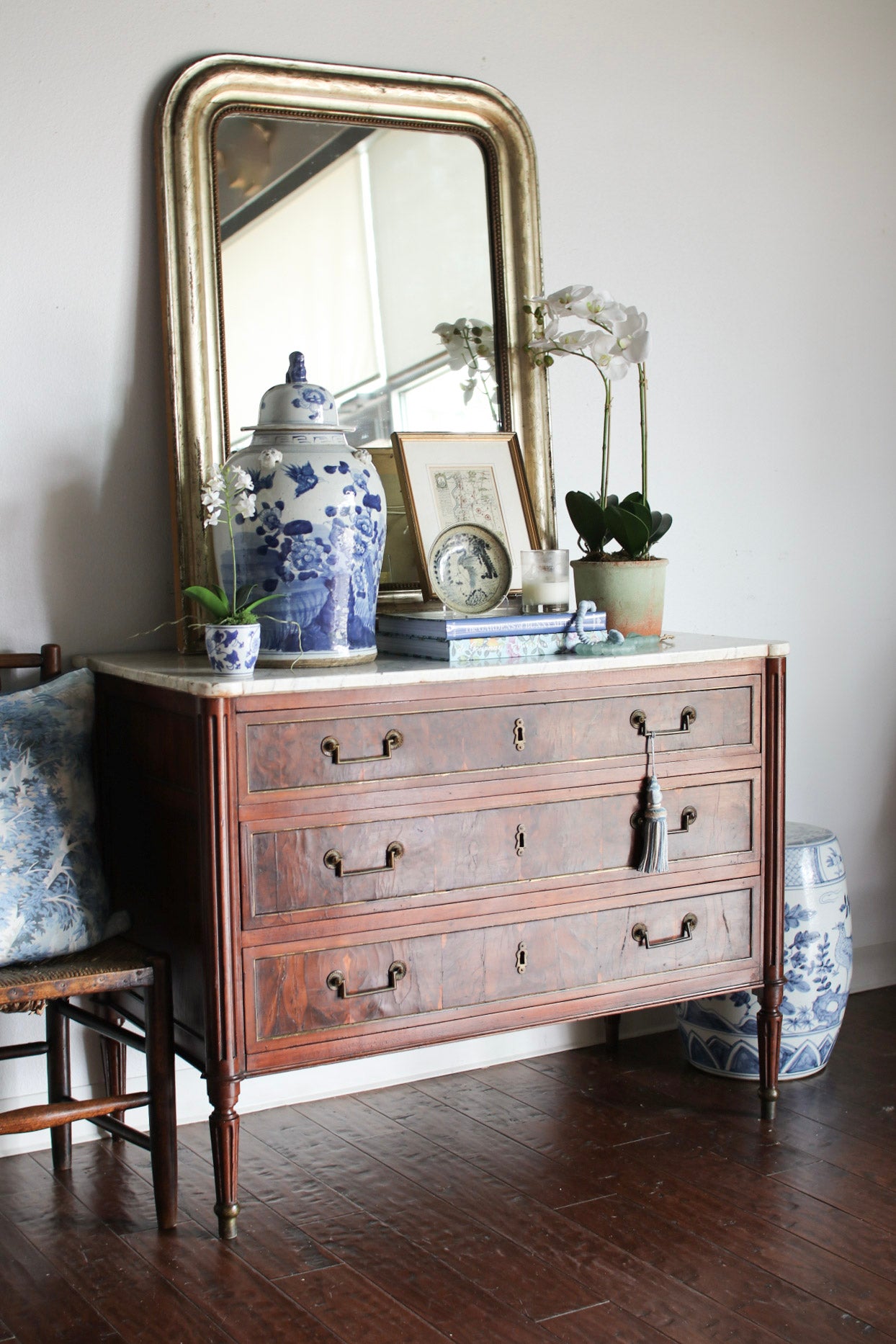 French Louis XVI White Marble Top Commode