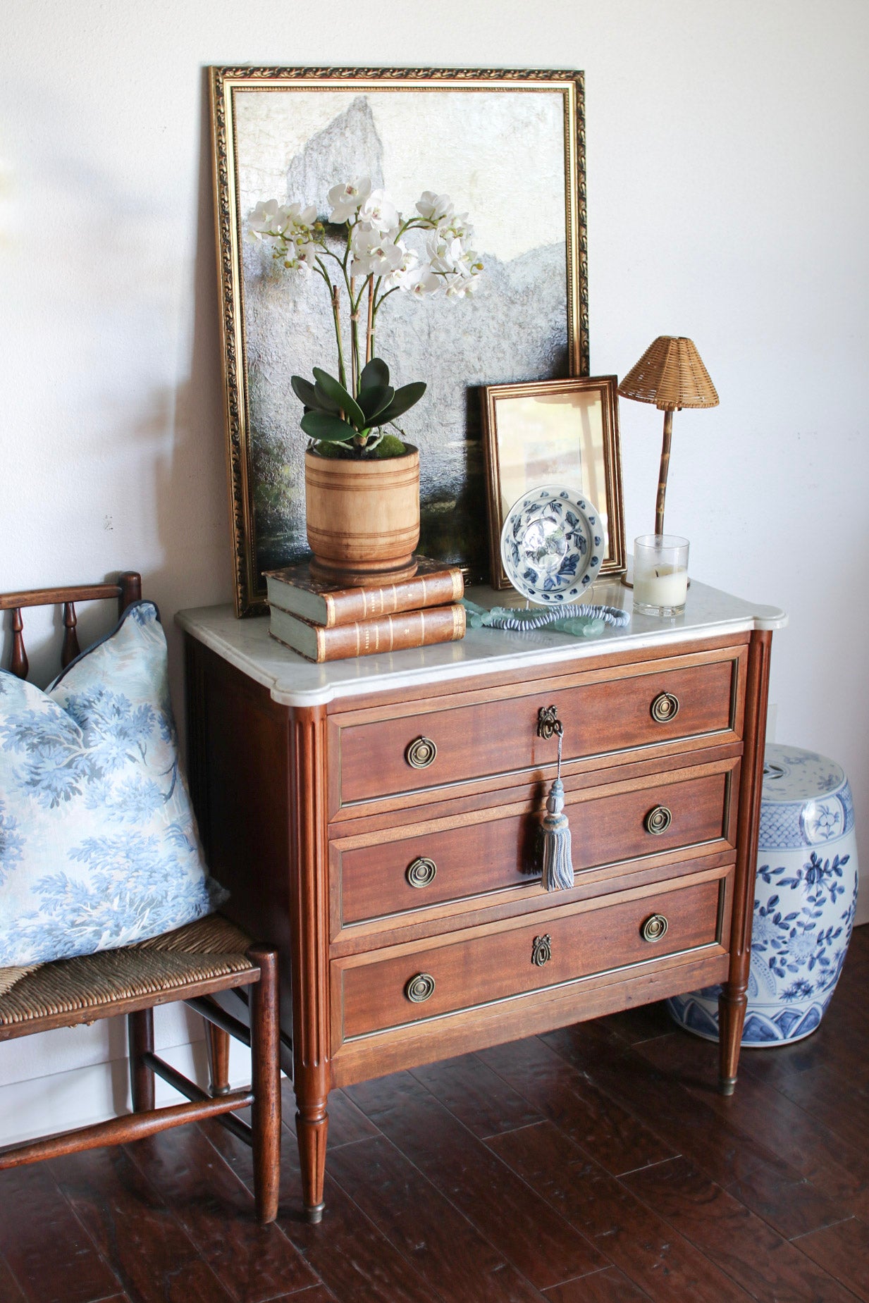 French Louis XVI Petite White Marble Top Commode