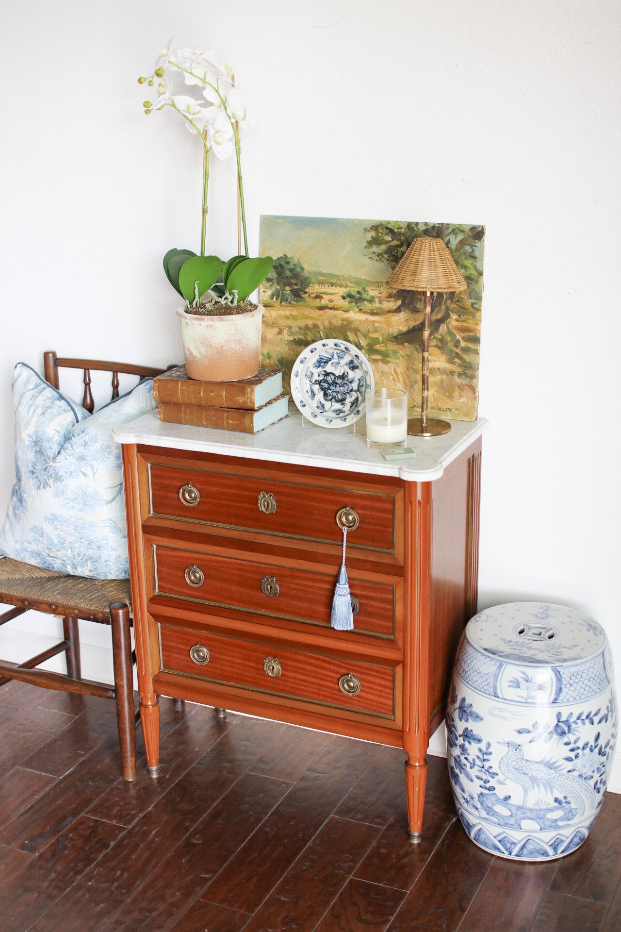 French Louis XVI Petite White Marble Top Commode