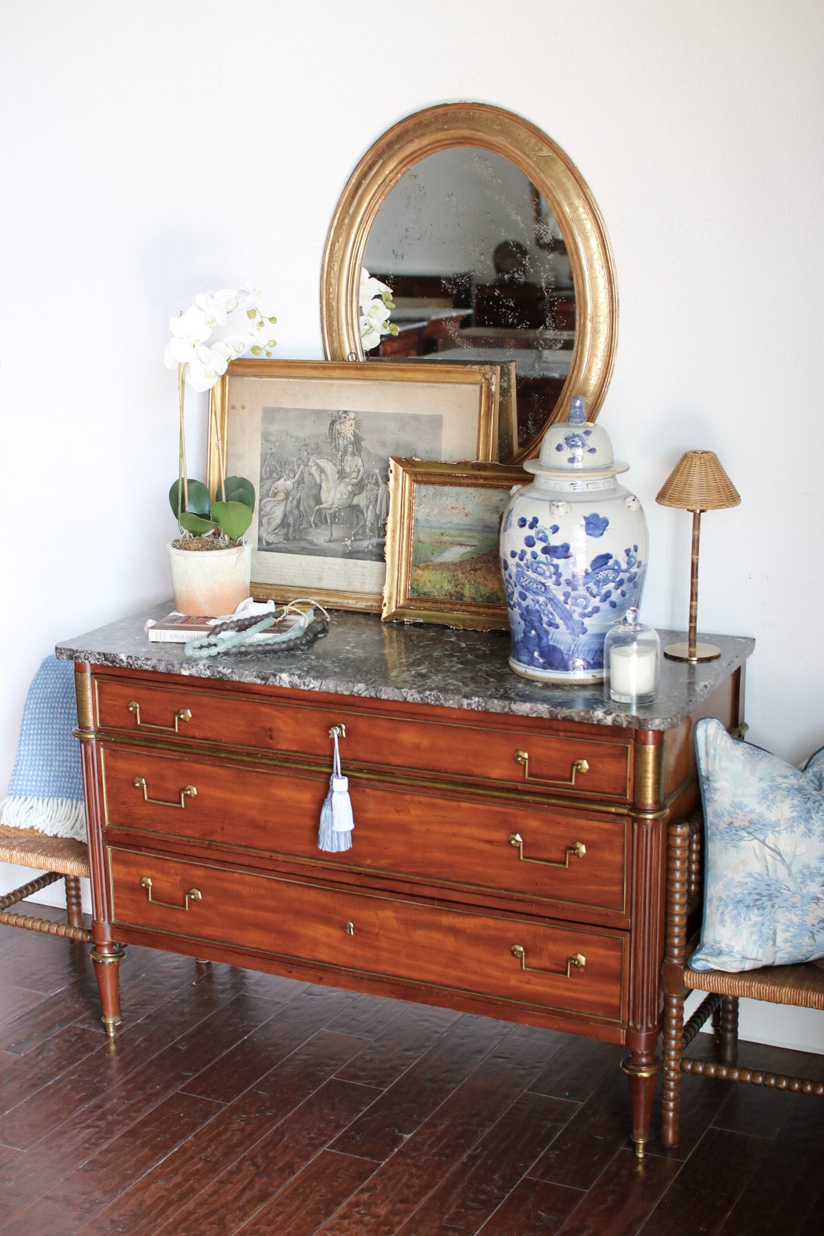 Antique French Louis XVI Grey Marble Top Commode