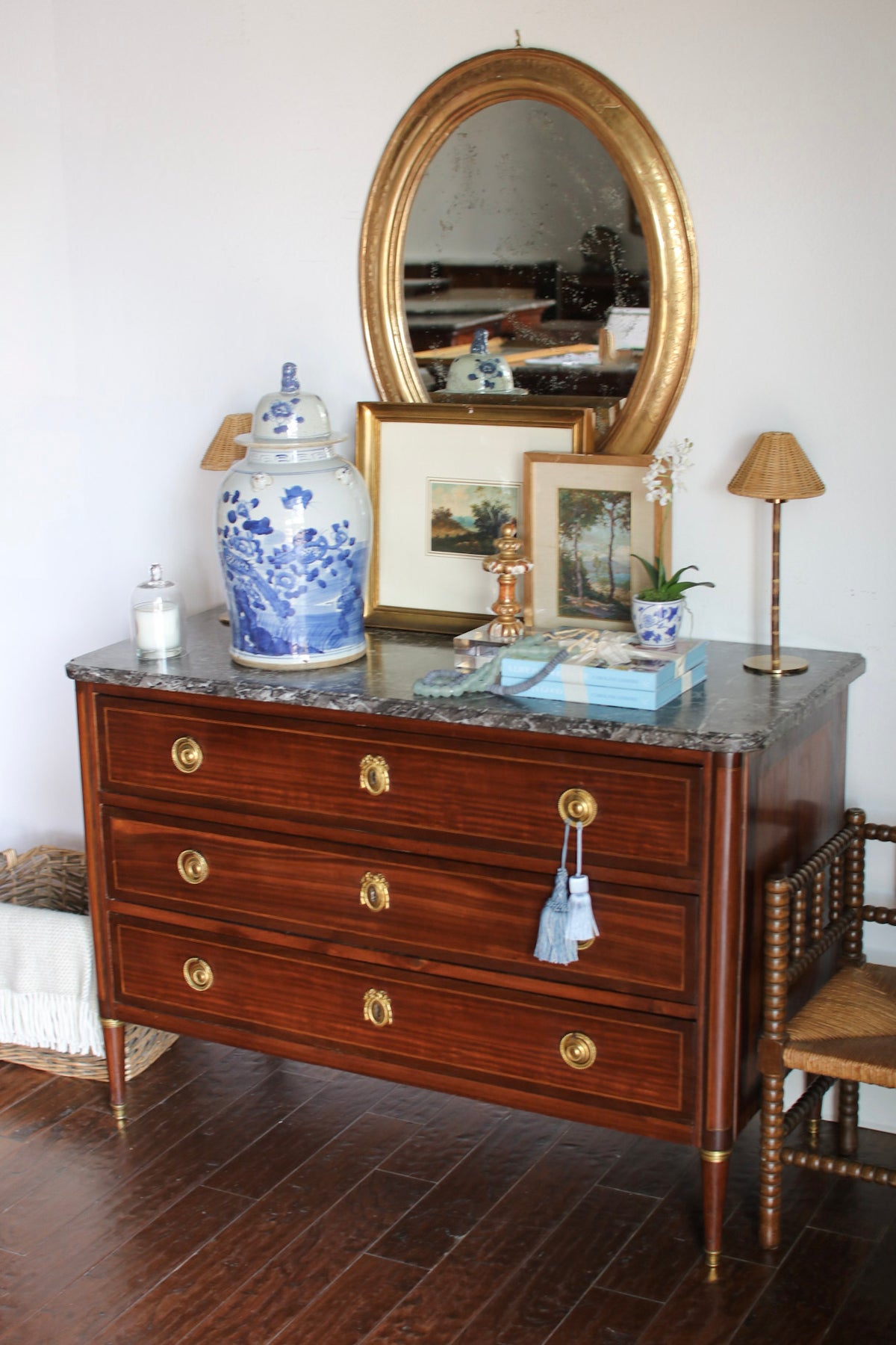 Antique French Louis XVI Grey Marble Top Commode with Inlay
