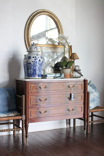 French Louis XVI Flame Mahogany White Marble Top Commode