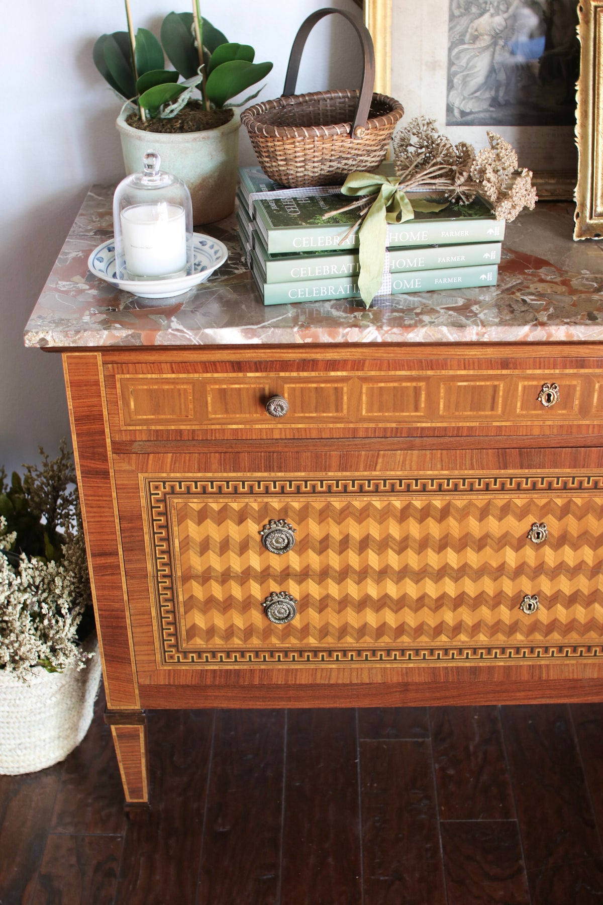 Italian Parquetry Vintage Commode with Pâté Stone