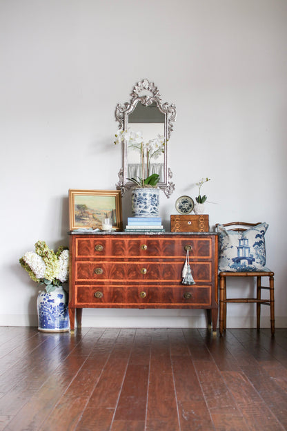 French Louis XVI Flame Mahogany Grey Marble Top Commode