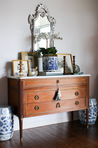 French Louis XVI White Marble Top Commode