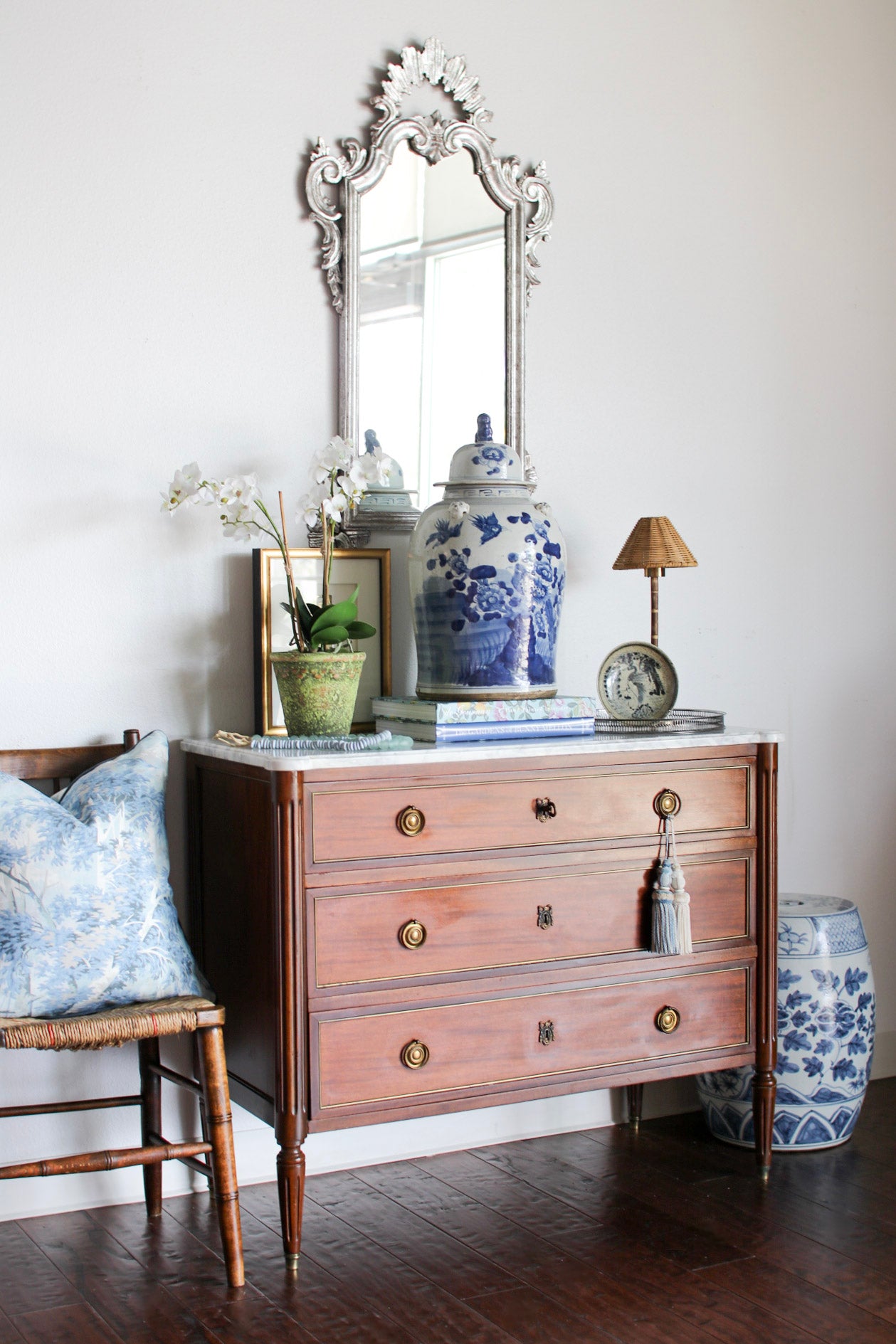 French Louis XVI Style White Marble Top Commode