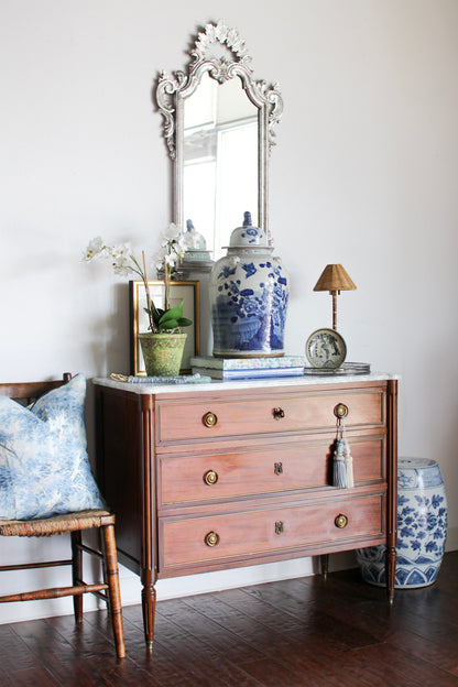 French Louis XVI Style White Marble Top Commode