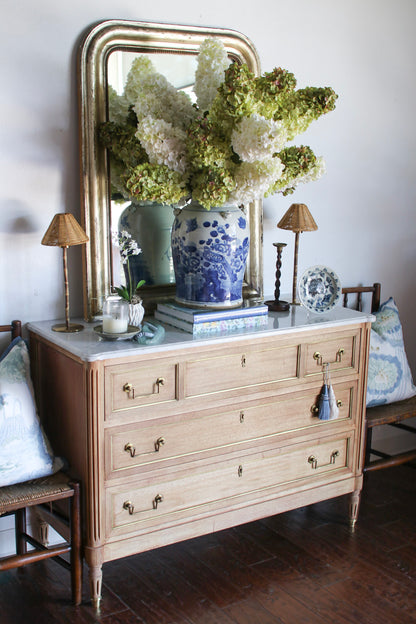 Bleached French Louis XVI White Marble Top Commode