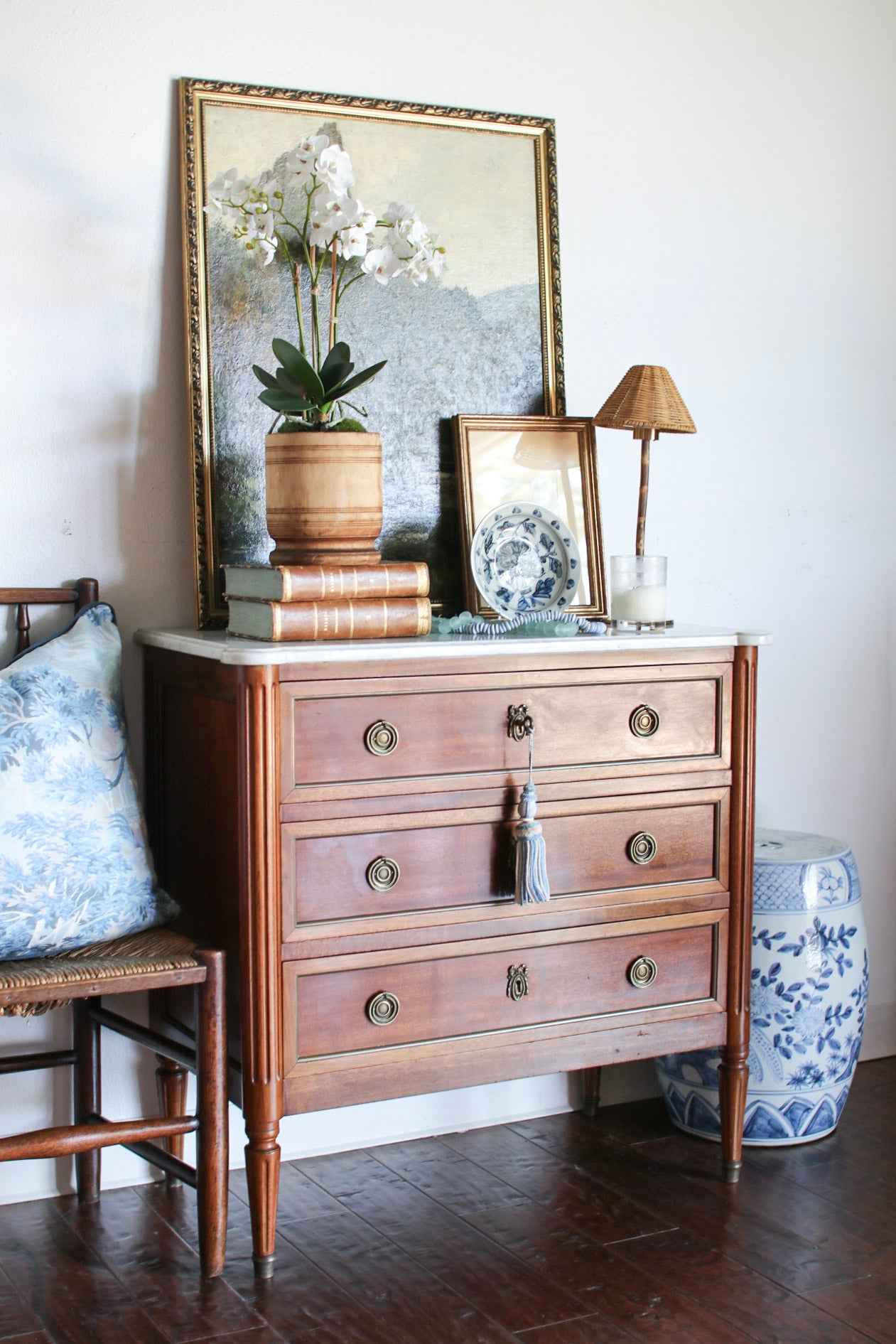 French Louis XVI Petite White Marble Top Commode
