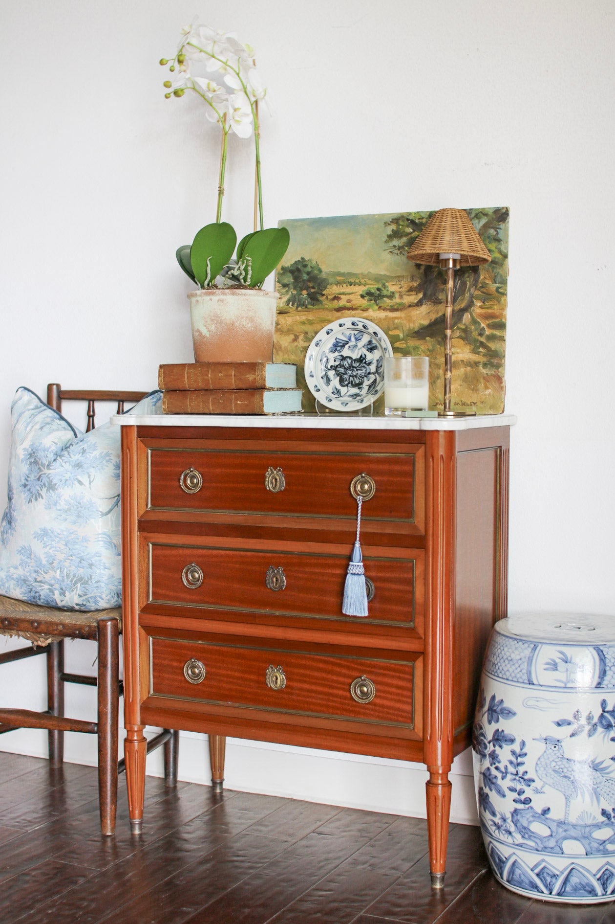 French Louis XVI Petite White Marble Top Commode