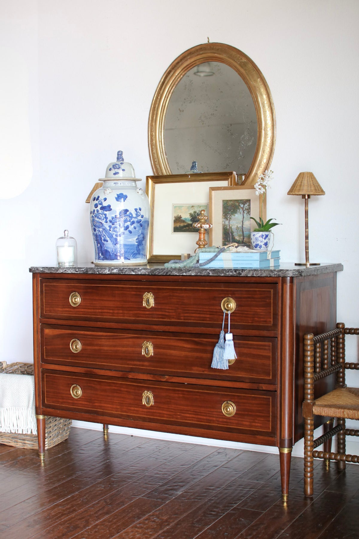 Antique French Louis XVI Grey Marble Top Commode with Inlay