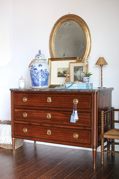 Antique French Louis XVI Grey Marble Top Commode with Inlay