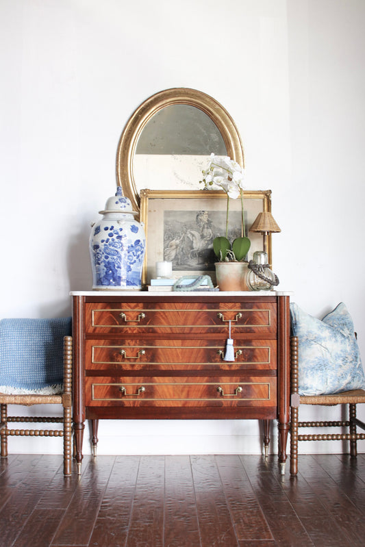 French Louis XVI Flame Mahogany White Marble Top Commode