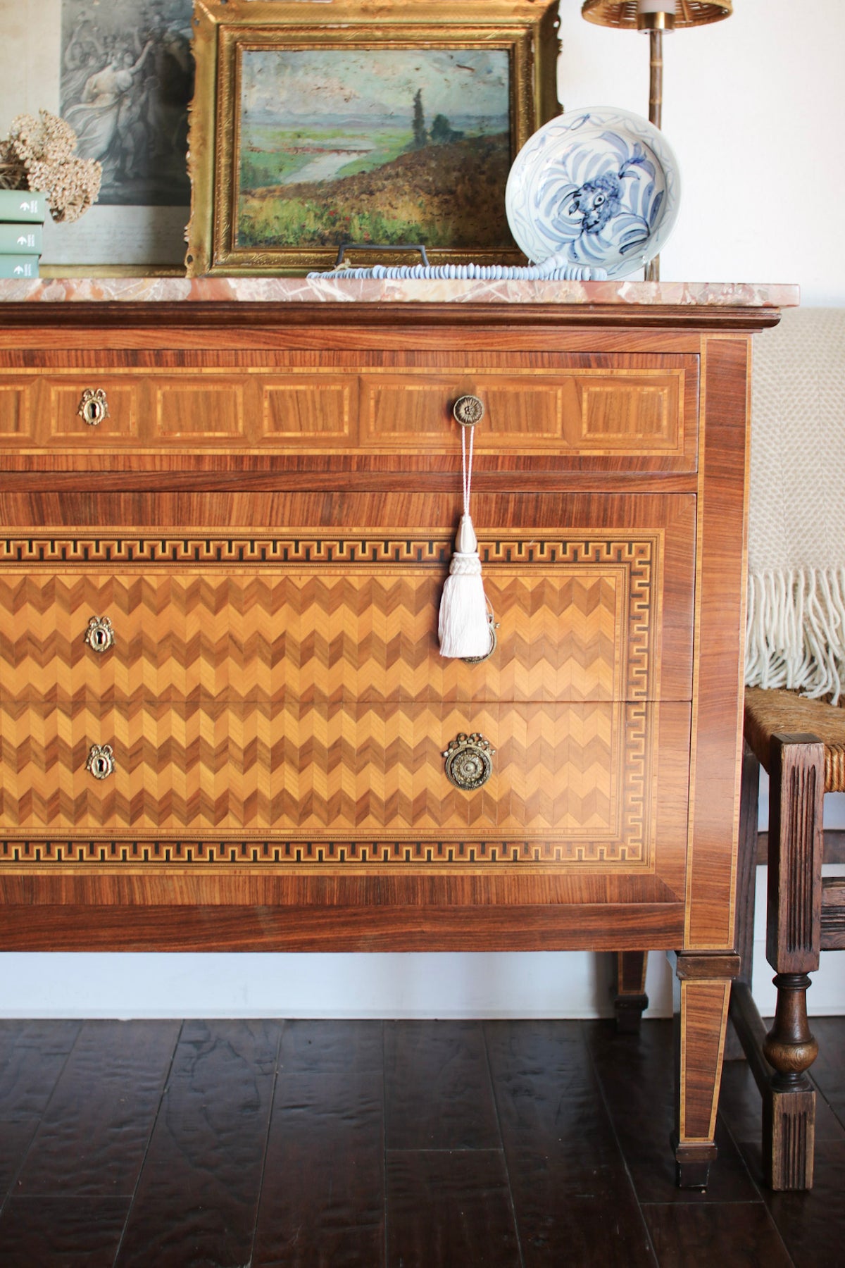 Italian Parquetry Vintage Commode with Pâté Stone