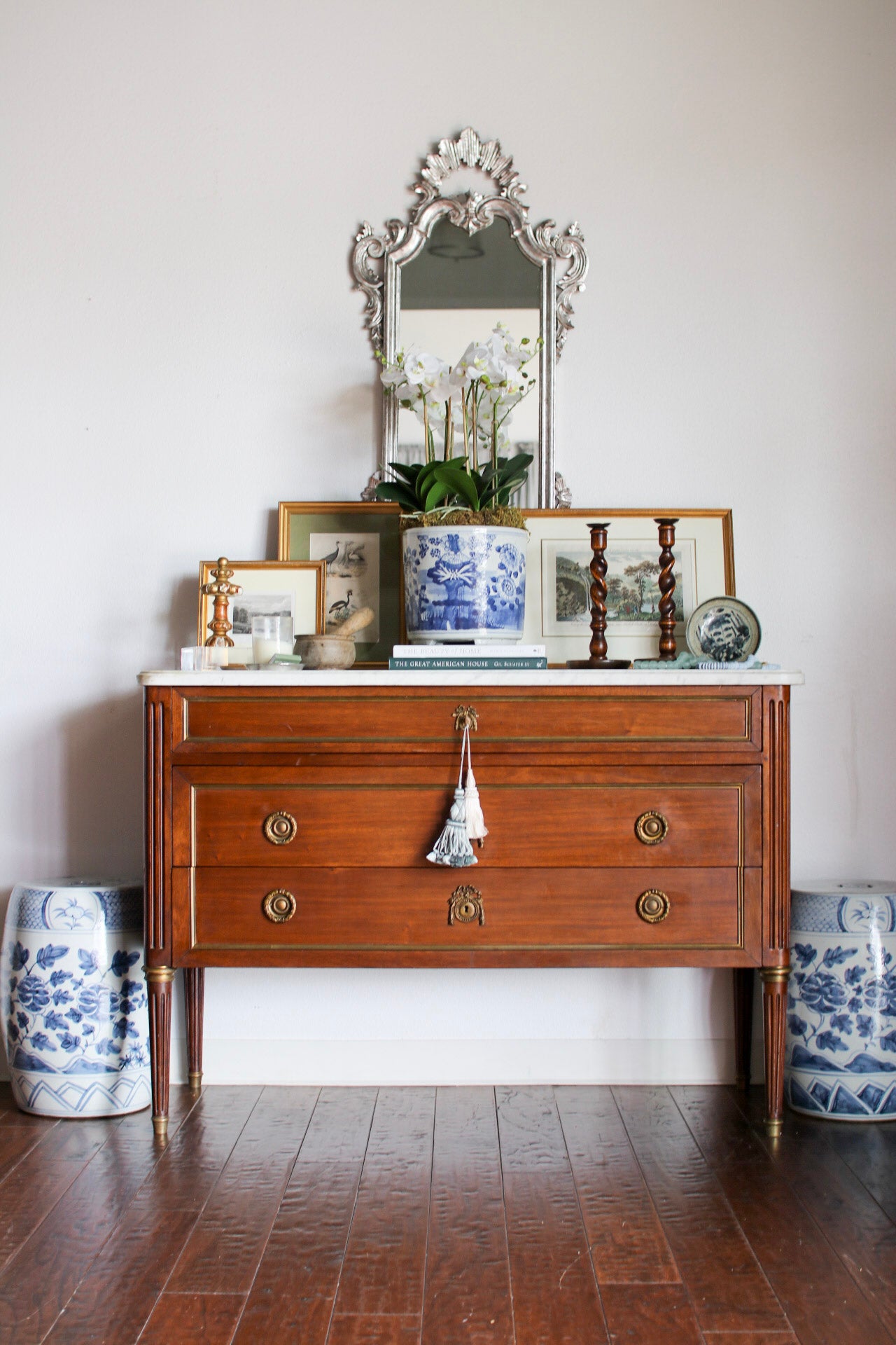 French Louis XVI White Marble Top Commode