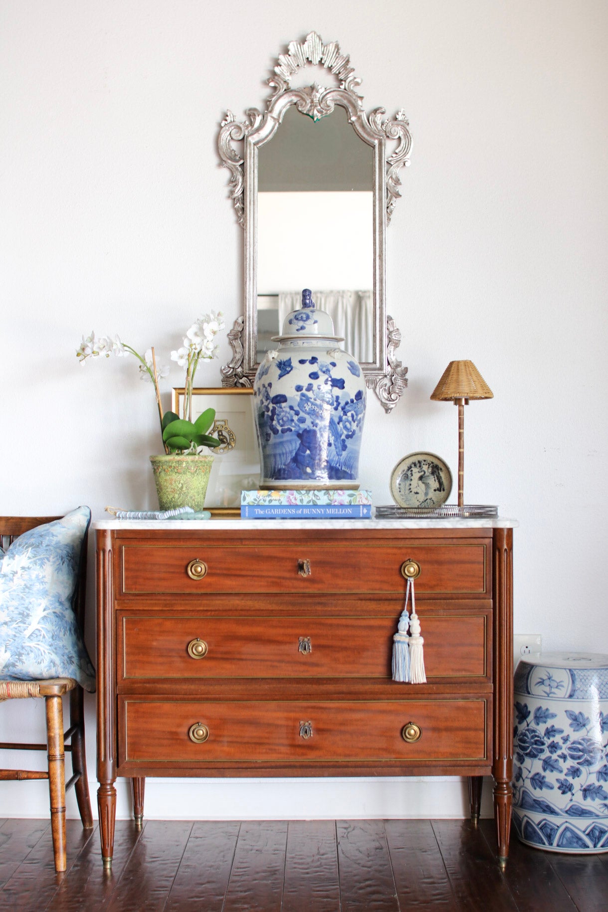 French Louis XVI Style White Marble Top Commode