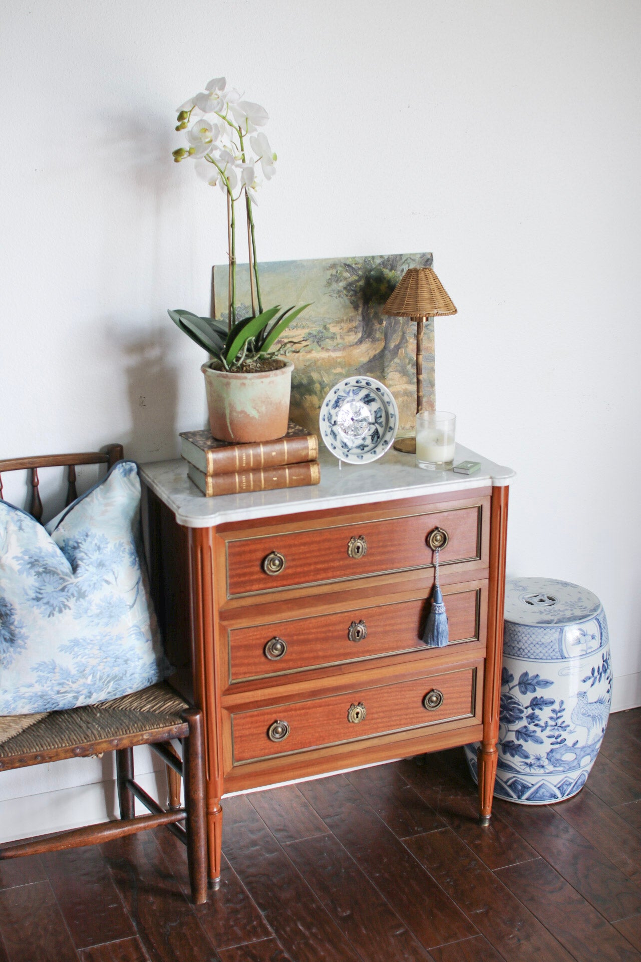 French Louis XVI Petite White Marble Top Commode