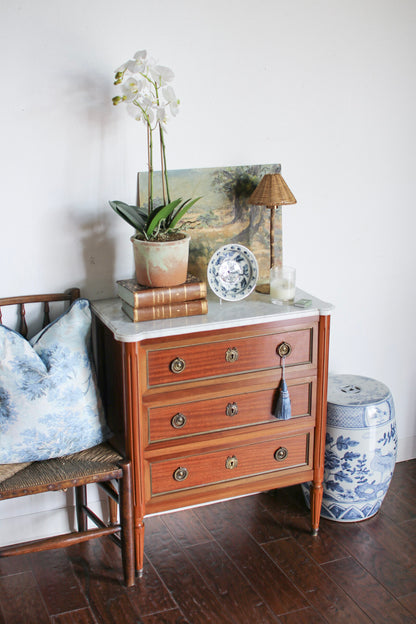 French Louis XVI Petite White Marble Top Commode