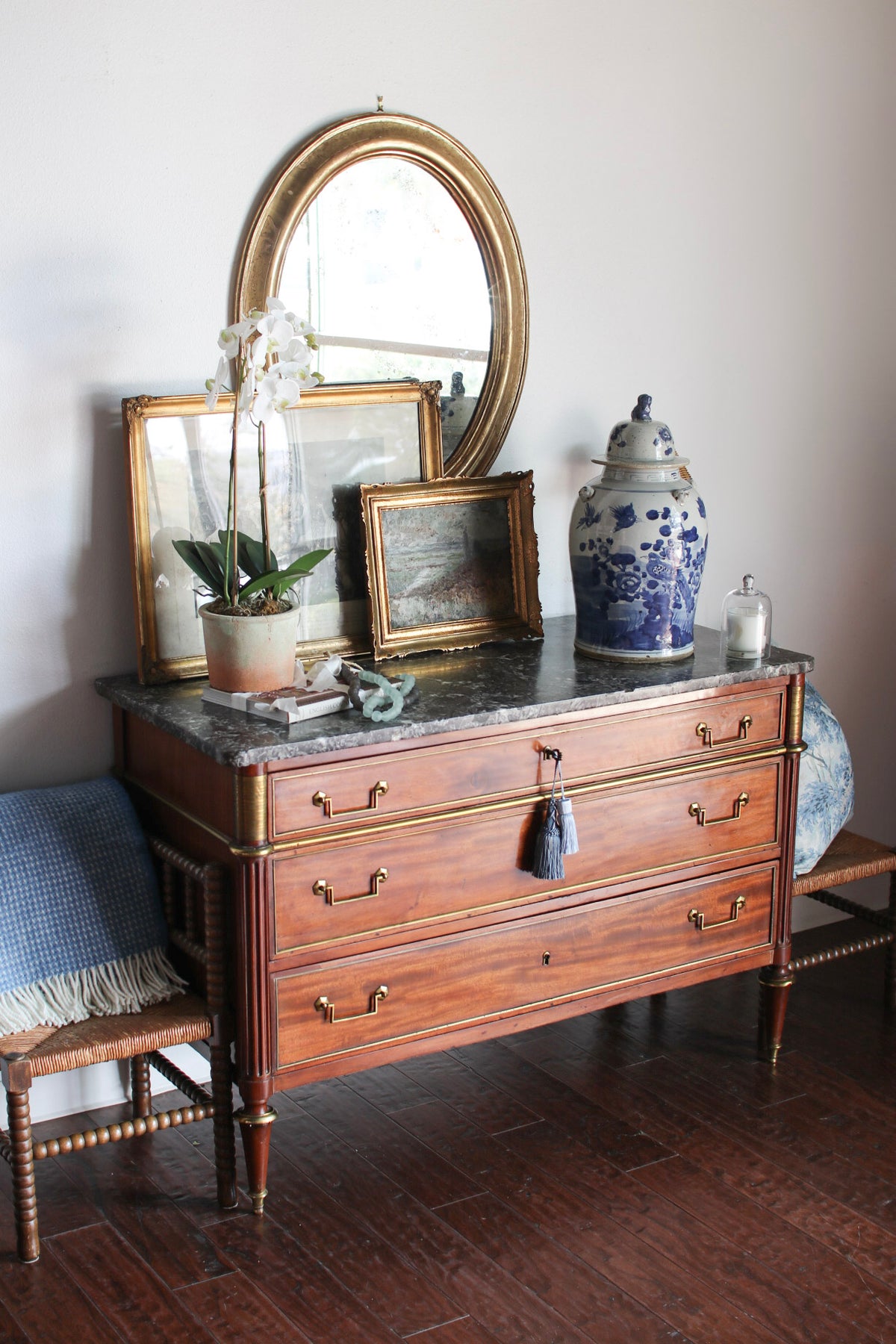 Antique French Louis XVI Grey Marble Top Commode