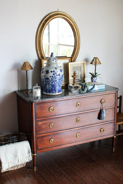 Antique French Louis XVI Grey Marble Top Commode with Inlay