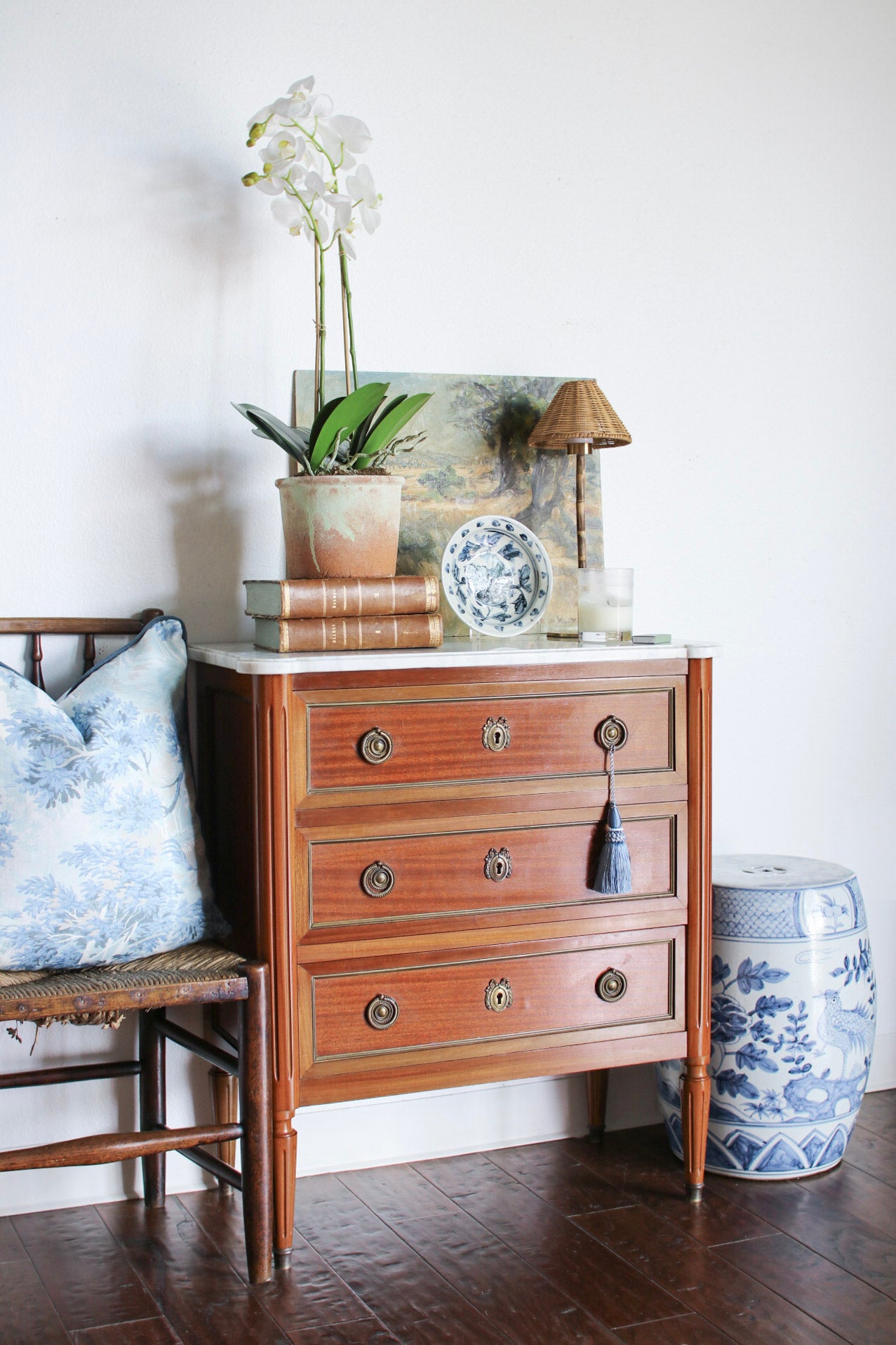 French Louis XVI Petite White Marble Top Commode