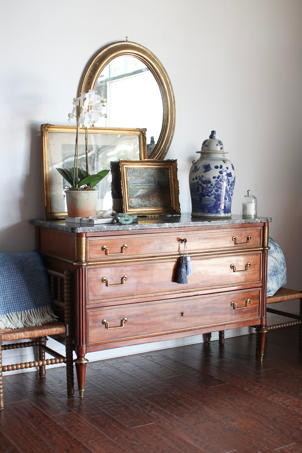 Antique French Louis XVI Grey Marble Top Commode
