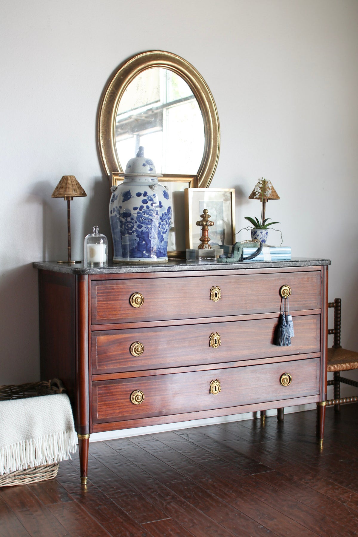 Antique French Louis XVI Grey Marble Top Commode with Inlay
