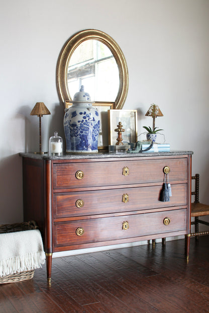 Antique French Louis XVI Grey Marble Top Commode with Inlay
