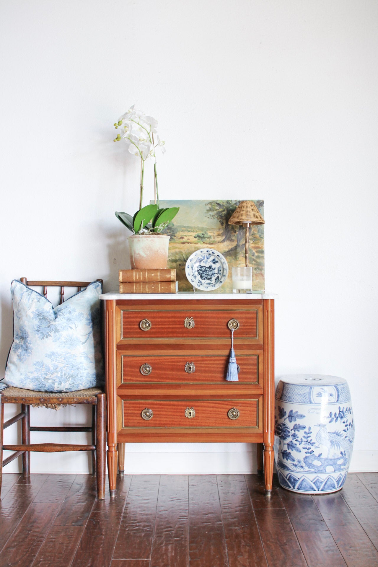 French Louis XVI Petite White Marble Top Commode