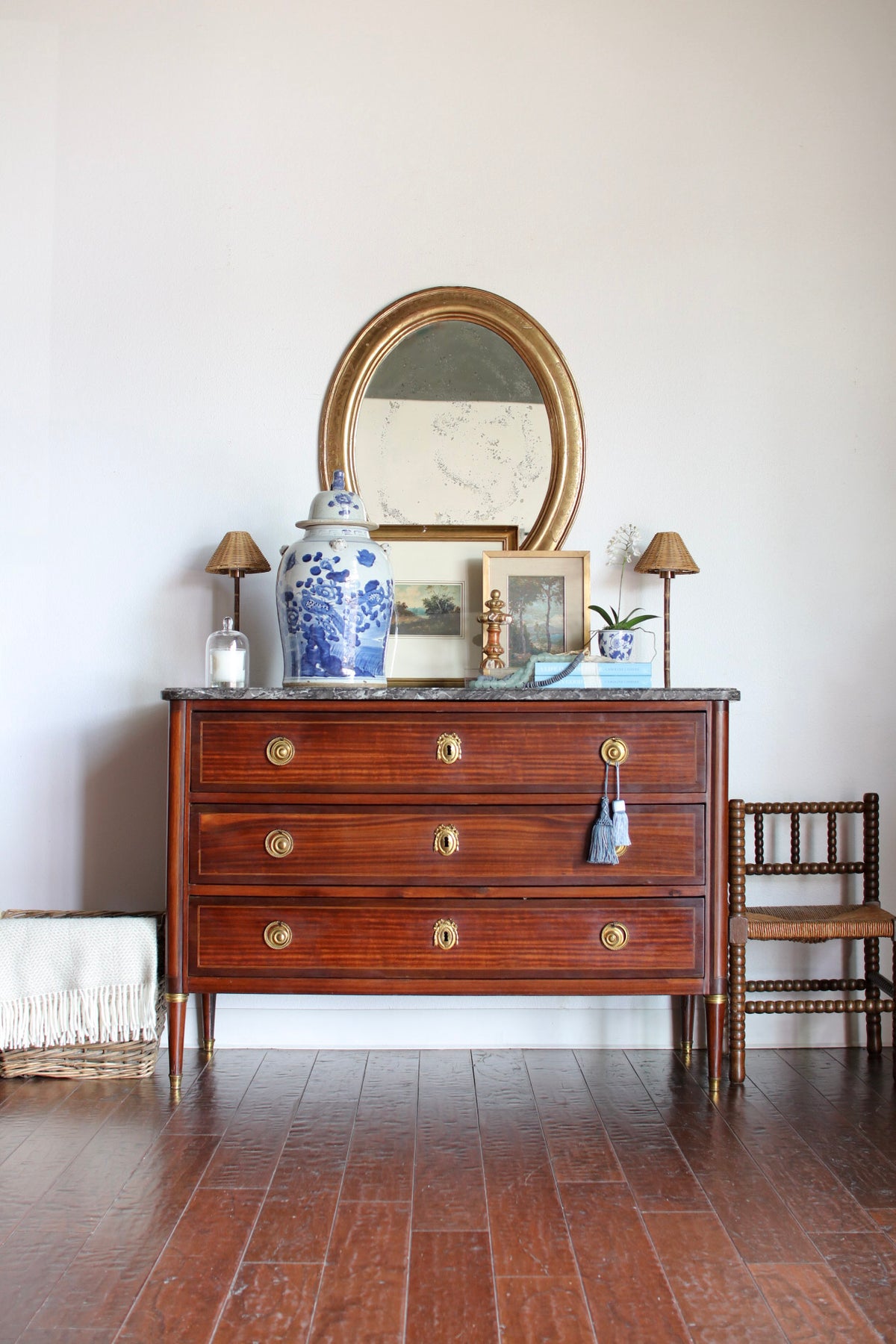 Antique French Louis XVI Grey Marble Top Commode with Inlay