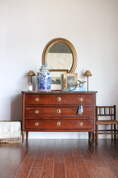 Antique French Louis XVI Grey Marble Top Commode with Inlay
