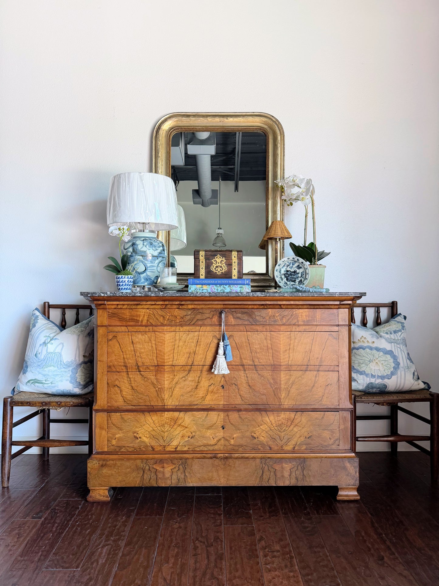 French Louis Philippe Burled Walnut Marble Top Commode