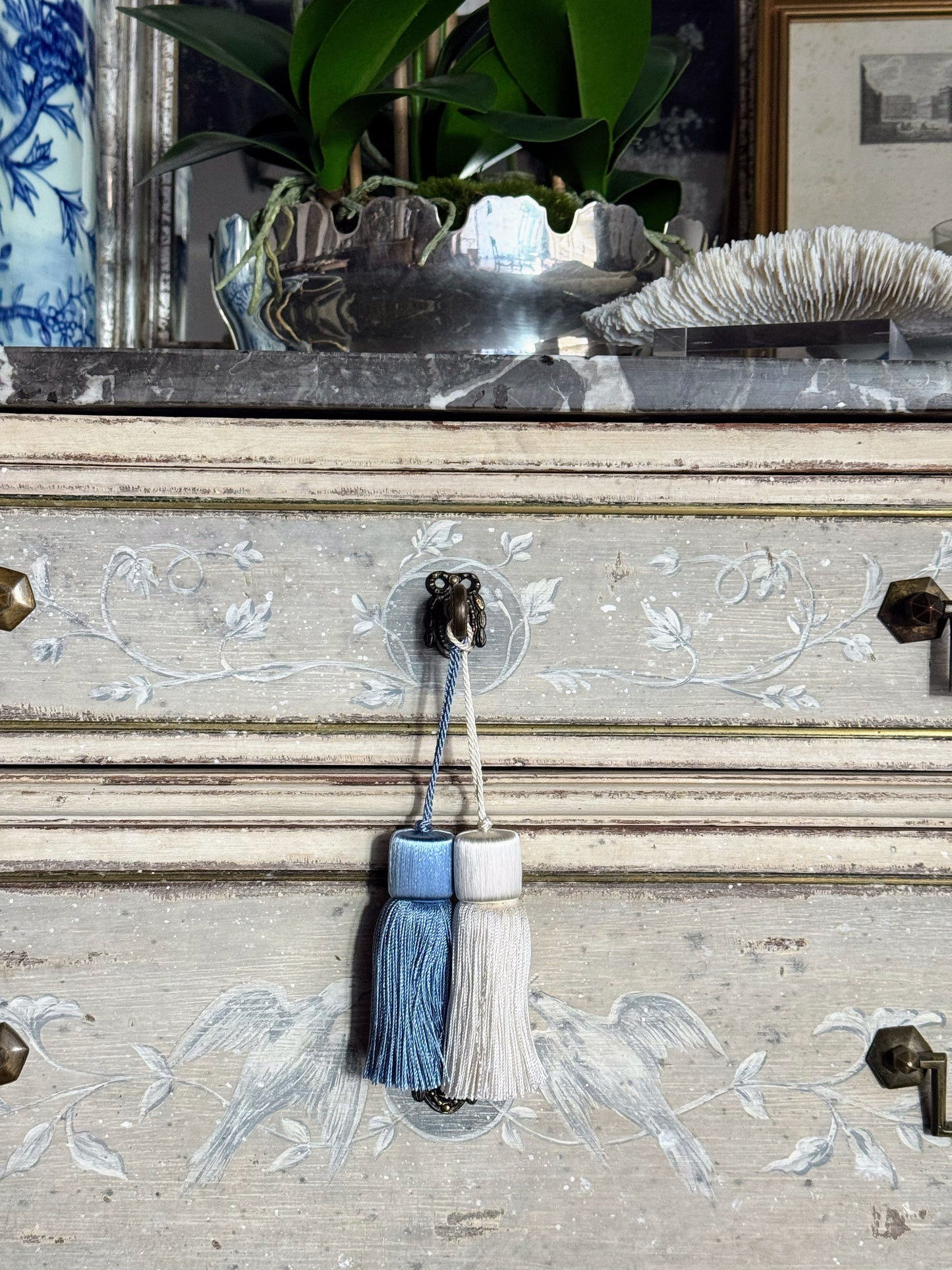 Antique French Louis XVI Black Marble Top Painted Commode