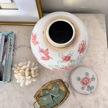 Porcelain Bird Jar in Rose & Vert