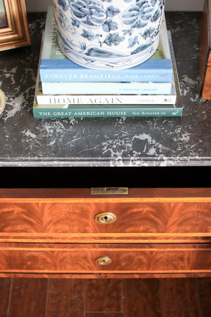 French Louis XVI Flame Mahogany Grey Marble Top Commode