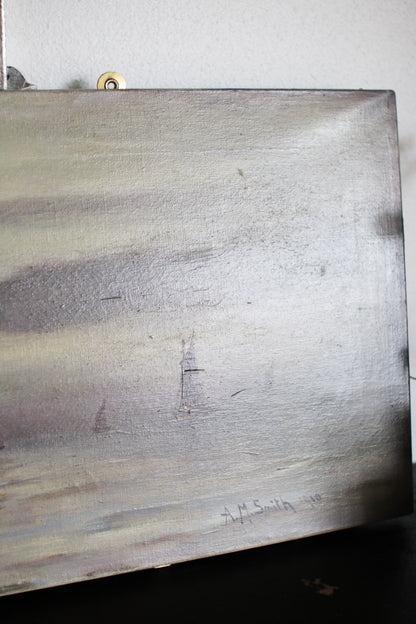 English Oil of Ships on Canvas Painting