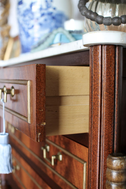 French Louis XVI Flame Mahogany White Marble Top Commode