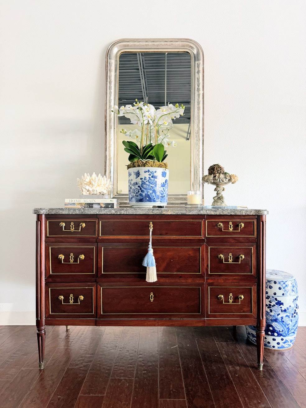 Antique French Louis XVI Grey Marble Top Commode