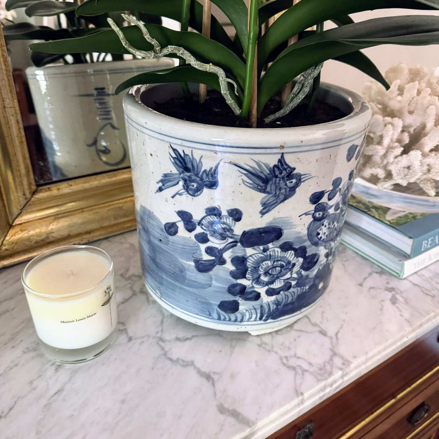 Blue & White Bird Motif Orchid Cache Pot