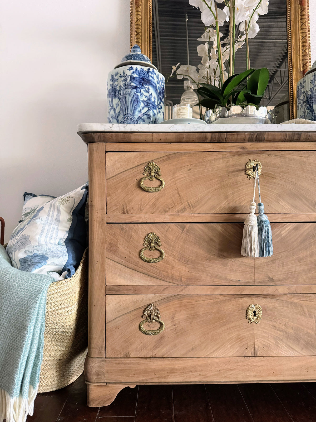 French Louis Philippe White Marble Top Bleached Commode