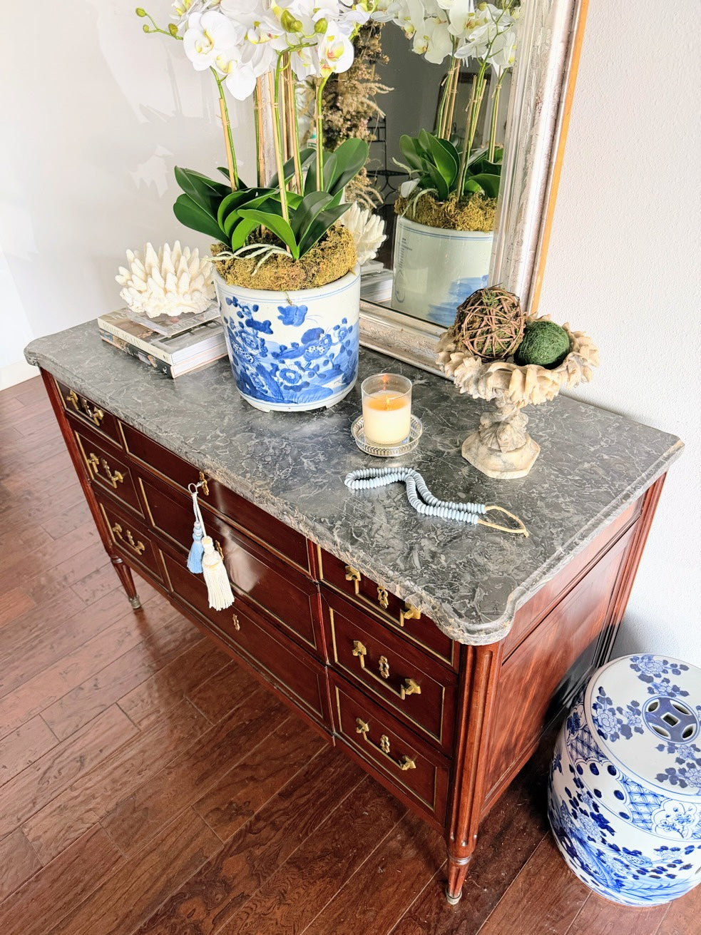 Antique French Louis XVI Grey Marble Top Commode