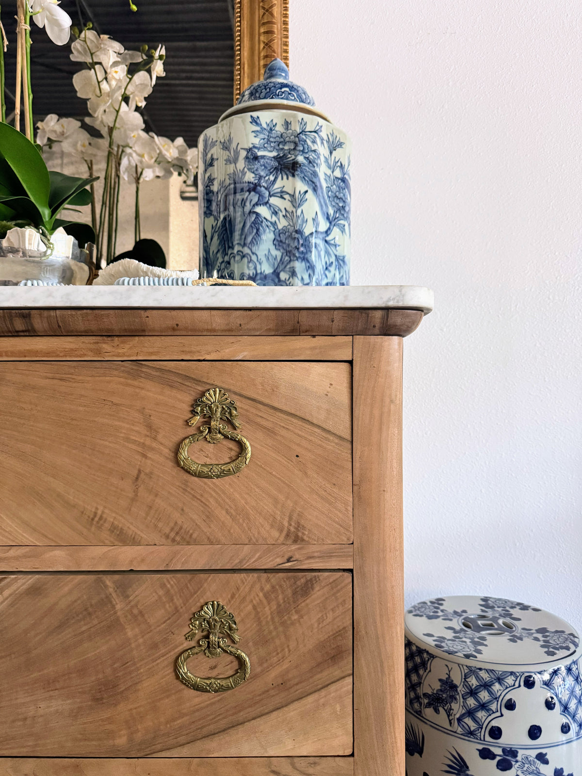 French Louis Philippe White Marble Top Bleached Commode