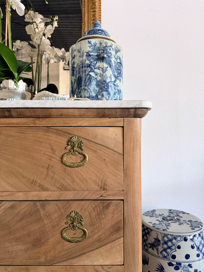 French Louis Philippe White Marble Top Bleached Commode
