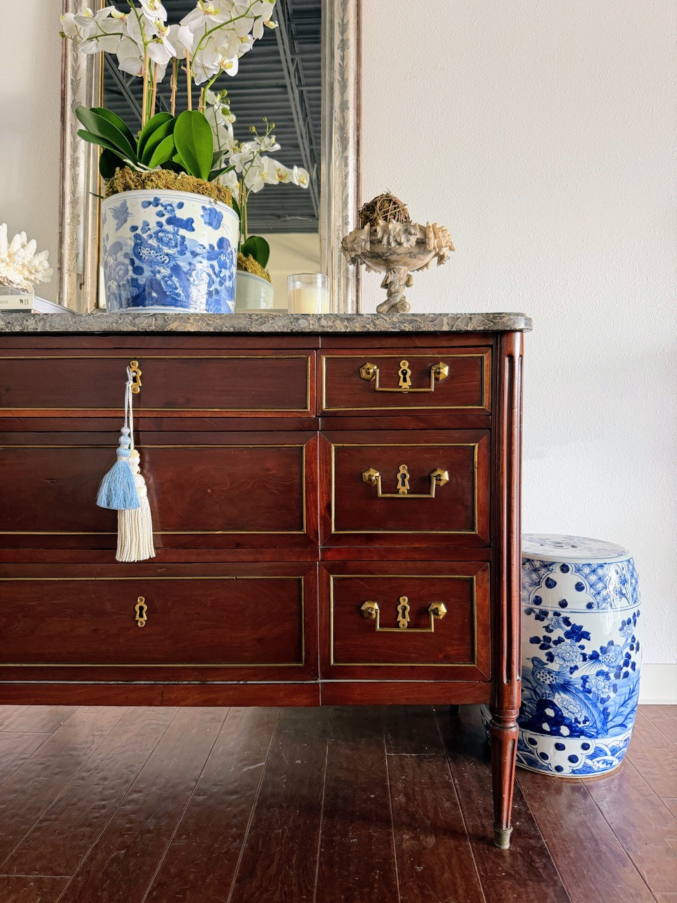 Antique French Louis XVI Grey Marble Top Commode