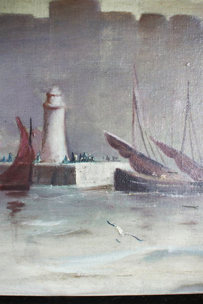 English Oil of Ships on Canvas Painting