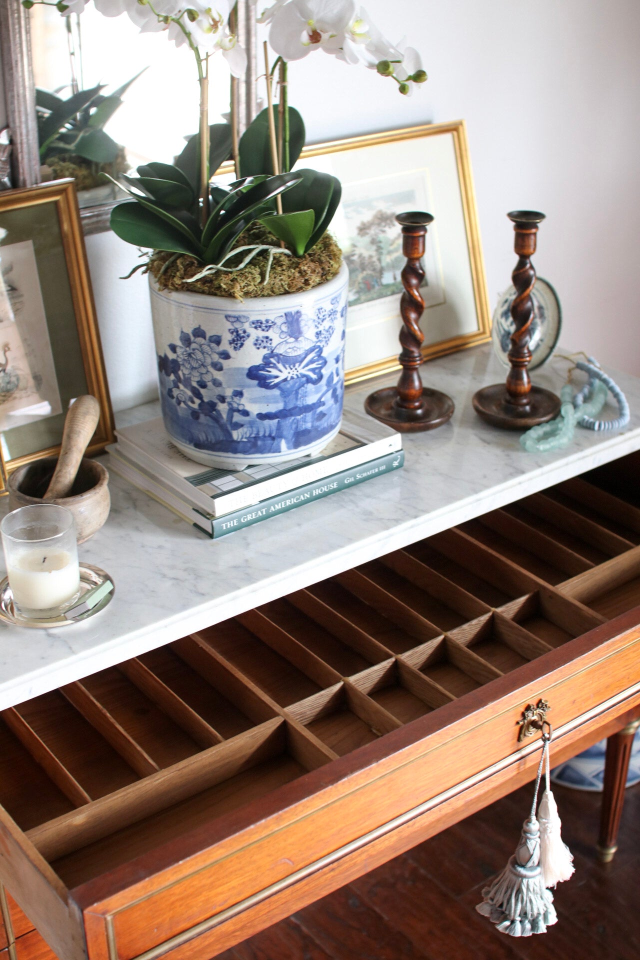 French Louis XVI White Marble Top Commode