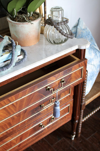 French Louis XVI Flame Mahogany White Marble Top Commode