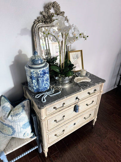 Antique French Louis XVI Black Marble Top Painted Commode